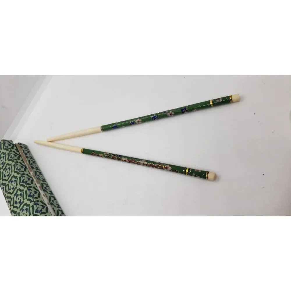 New Old Stock Vintage Cloisonne Chopsticks GREEN floral enamel with box